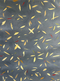 A painting with a gray background and yellow, orange, and red leaves. 